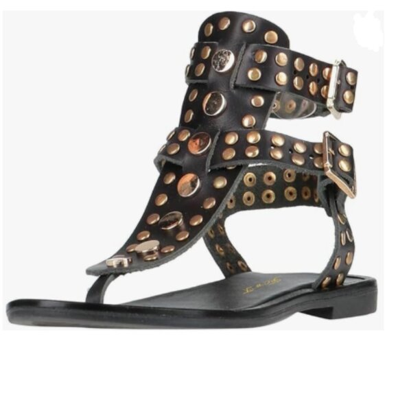 FOWT Black Round Split Toe Sandals Rivet Studded Gladiators Ankle Strap Shoes - Picture 1 of 8